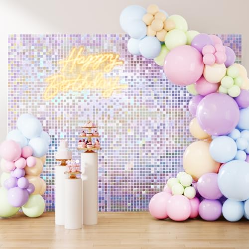 Image of Shimmer Wall Backdrop Silver Iridescent 7FTx7FT Square Sequin Wall Panel Backdrop Decor for Wedding Anniversary Birthday Party, 49 Panels