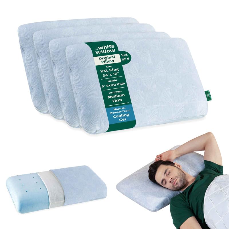 The White Willow Memory Foam Pillow Set of 4-Cool Gel Pillow for Neck & Shoulder Pain-Cervical Pillow for Sleeping-Orthopedic Thick Pillow for Back & Side Sleepers-Medium Firm-XXL King-6" H-Blue