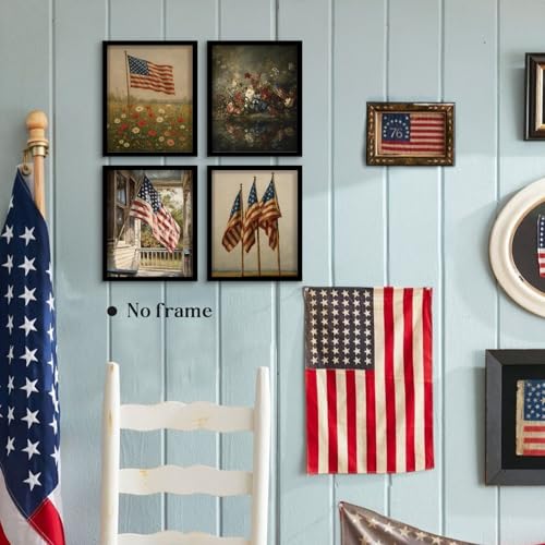 Image of WEFKODO Patriotic Decor Vintage Wall Art for Home Bathroom Bedroom, Vintage Retro America Flag Flower Wall Decor 4th of July Decorations Pictures Posters Prints 4Pcs, 8x10 Inch Unframed