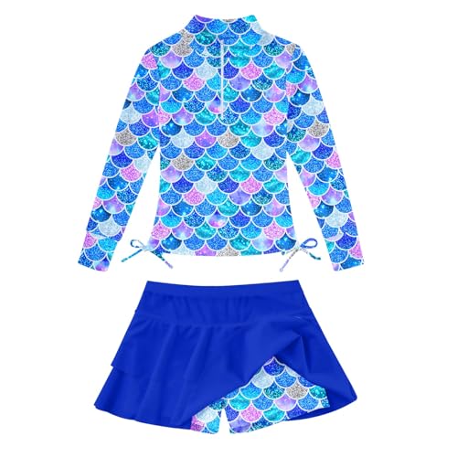 Image of 3-12T Girls Swimsuit Long Sleeve Rashguard Bathing Suits Swim Set | Quick Dry, UPF 50+ Sun Protection, Swimming Skirt, Boyshorts, Zipper Two Piece Long Sleeve Swimsuits, Adjustable Drawstring
