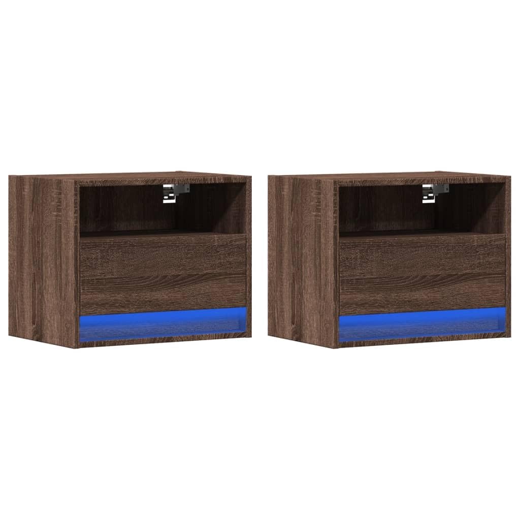 vidaXL Mesitas de Noche de Pared con Luces LED 2 Unidades Roble marrón, mesita de Noche Flotante, mesita de Noche Flotante, Muebles de Dormitorio