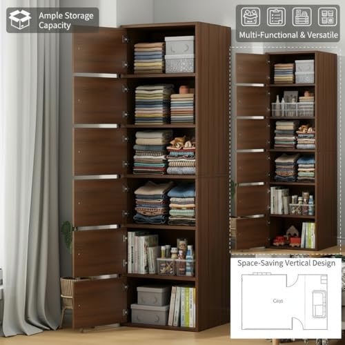 Image of EXVITO Engineered Wood Wardrobe for Bedroom | Foldable 6-Shelf Wooden Storage Cabinet | Cupboard Almirah for Clothes | Collapsible Wardrobe | Space Saving Wooden Cabinet - WALLNUT