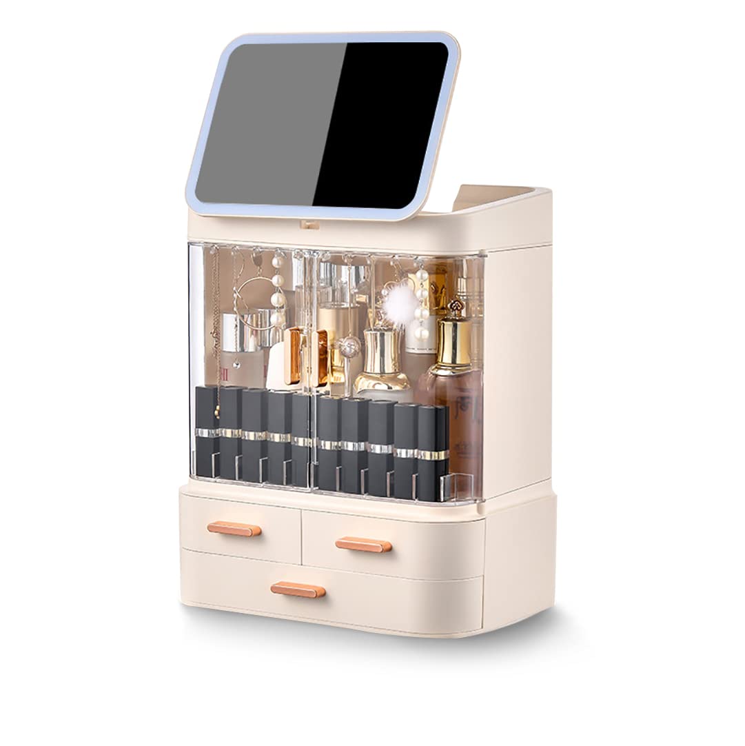 Qivange Makeup Organiser With LED Mirror Waterproof Dust-Proof, Multi-Function Makeup Organiser Storage With Drawer,Portable Cosmetic Storage Box For Bathroom - Dresser - Vanity And Countertop