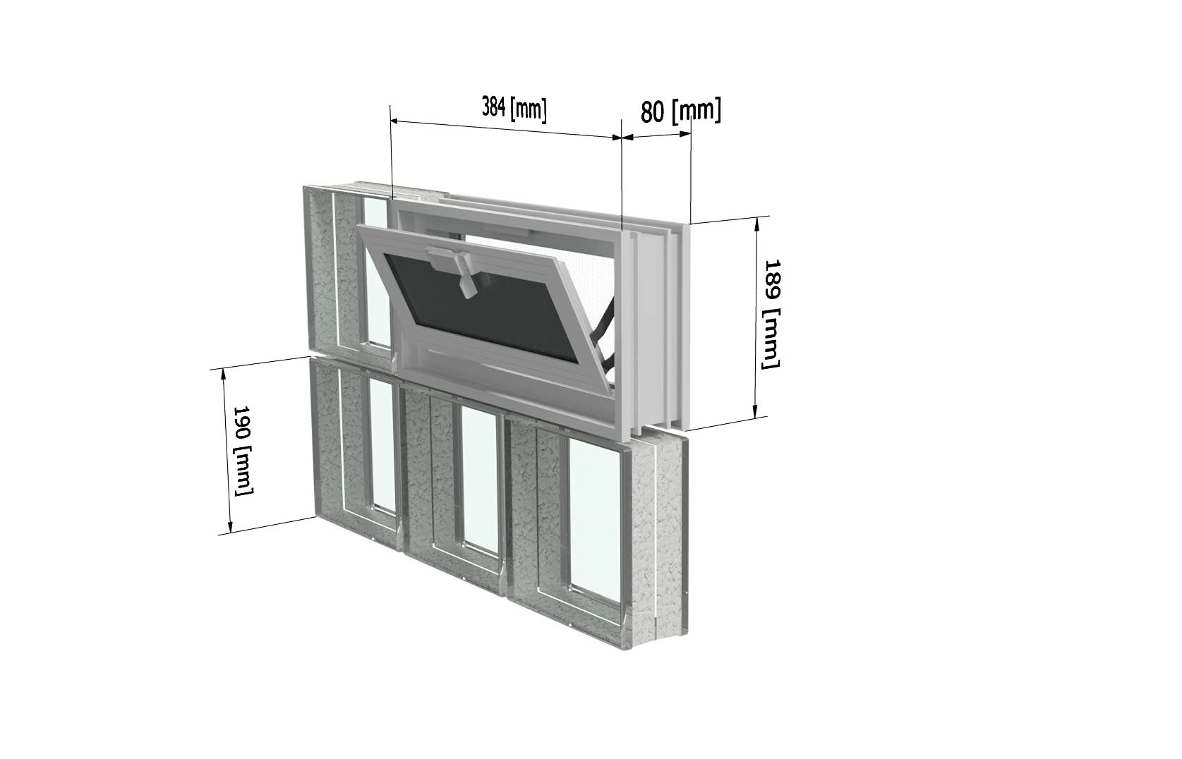 Fenêtre de ventilation à insérer dans un mur de vitrebriques ou de maçonnerie | Dimensions 38,4x19x8 cm | Unité de vente 1 fenêtre
