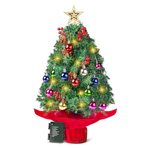 JOIEDOMI 24"/2FT Prelit Tabletop Christmas Tree with Warm Lights, Holly Berries, Pine Cones for Good Holiday Season Decorations