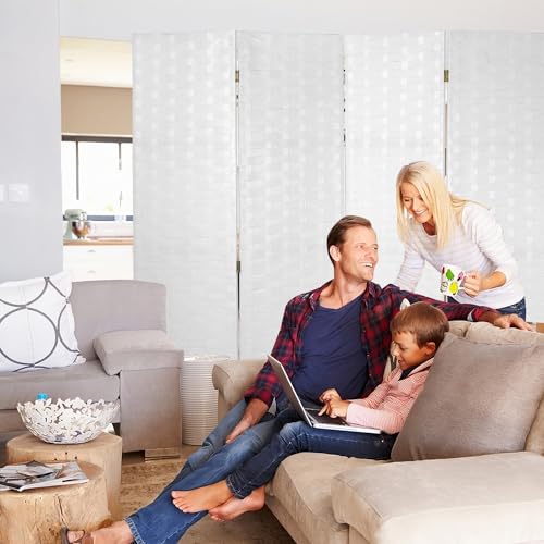 Room Divider, 6FT Wall Divider Wood Screen 4 Panels Wood Mesh Hand-Woven Design Room Screen Divider Indoor Folding Portable Partition Screen,White