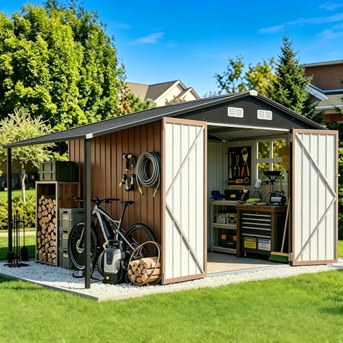Aoxun 8x12 FT Outdoor Storage Shed Metal Sheds with Open Firewood Storage Galvanized Steel Garden Shed with Lockable Doors Sloped Roof Windows 2 in 1 Large Tool Shed for Patio Backyard Lawn (Brown)