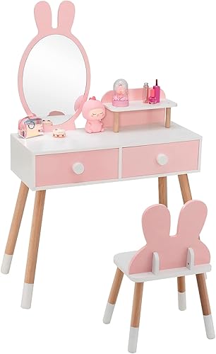 GLACER Juego de mesa de tocador y silla para niños, juego de tocador con silla, espejo extraíble, 2 cajones grandes, estante de almacenamiento y