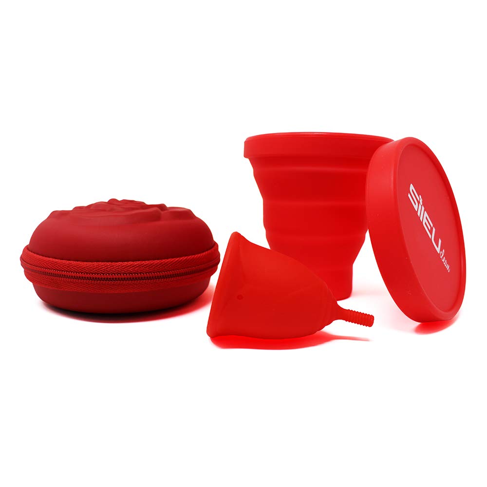 Pack Sileu Travel: Copa Menstrual Rose - Modelo de Iniciación - Talla L, Rojo, Flexibilidad Standard + Estuche de Flor + Esterilizador Plegable