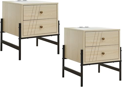 Mesita de noche con estación de carga y 2 puertos USB, 2 cajones y estante de metal, mesa auxiliar para dormitorio, sala de estar, juego de 2
