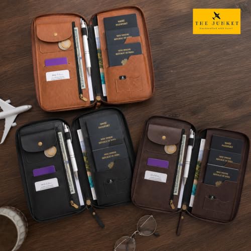 Image of The Junket Personalised Zipper Family Travel Passport Holder Organizer | Holds Up to 3 Passports | Water-Resistant Faux Leather Document Organizer Wallet (Dark Brown)