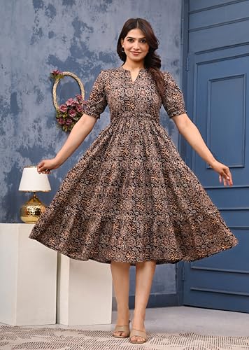 Image of LABEL ADRIJA Pure Cotton Calf Length Midi Dress for Women Floral Print | Flared Anarkali Dress Puff Sleeves