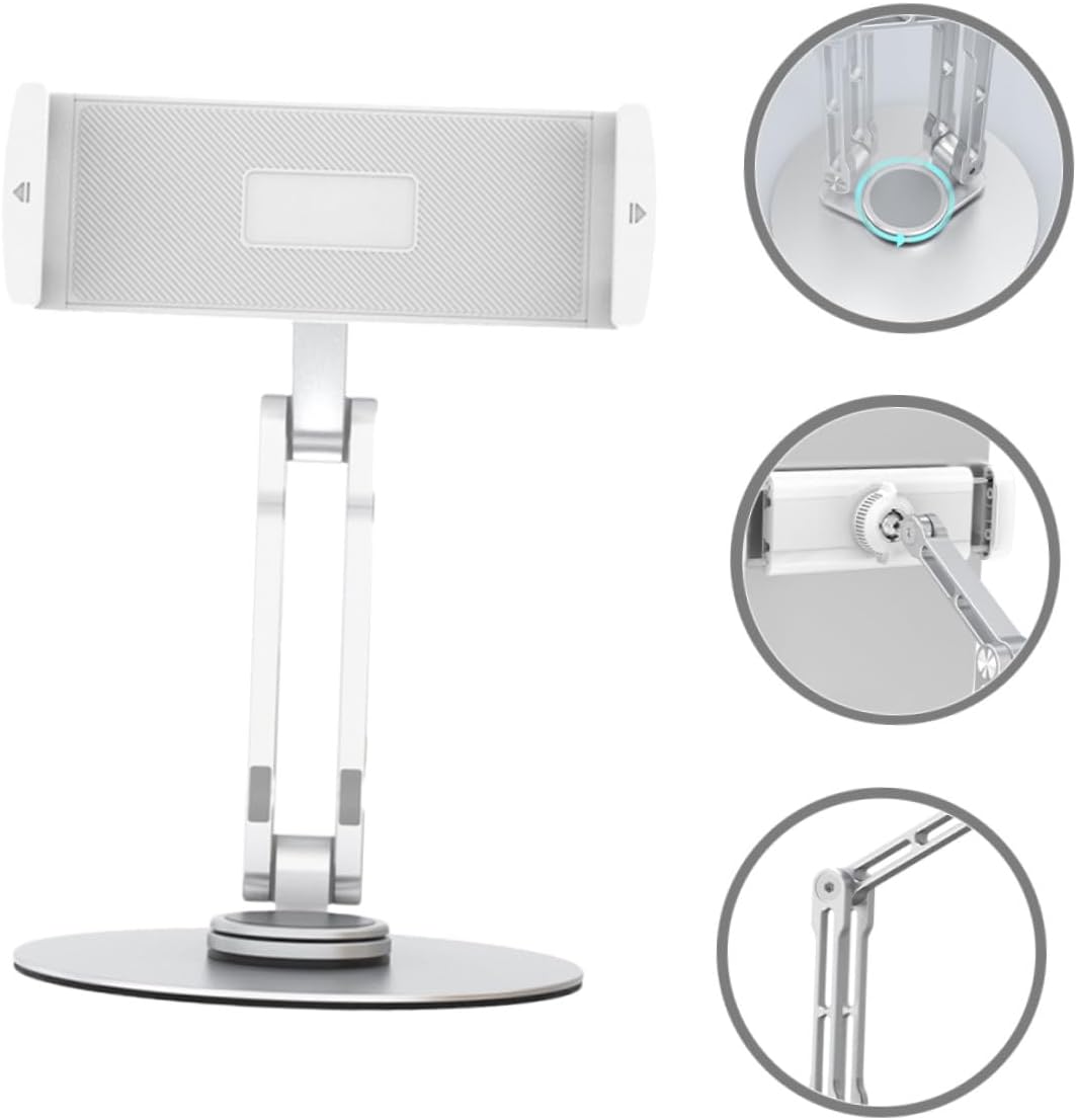 Adjustable Foldable Aluminum Alloy Tablet Stand Desktop Holder with 3-Directional Rotation for Portable Use Silver, Compatible with Large and Small Tablets