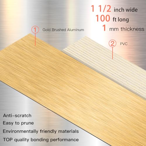 Image of GSCIT Club Gold Edge Banding, 1 1 /2 Inch x 100ft Aluminum Brushed Edge Banding PVC Edge Trim for Cabinet Repair Furniture