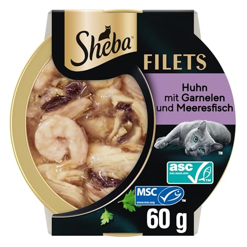 SHEBA Filets Adult Katzenfutter in Sauce mit Huhn, Hochseefisch und Garnelen 16 x 60g Schale