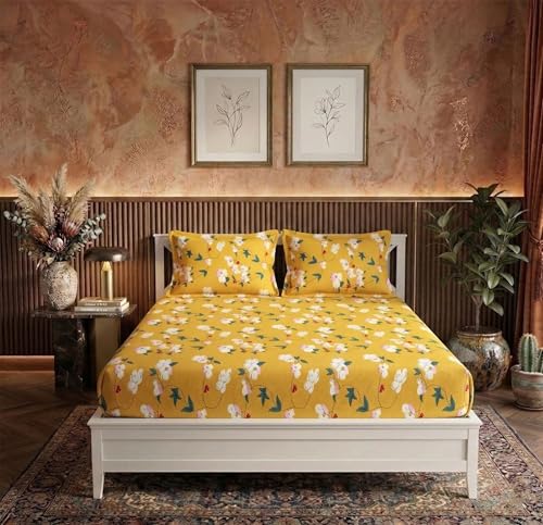 Image of BSB HOME 210 TC Cotton Double Bedsheet with 2 Pillow Covers, Soft Breathable Fabric, Elastic Fitted Sheet, Wrinkle Resistant, Deep Pocket Fit - 78 x 72 + 10 Inches (Goldenrod)