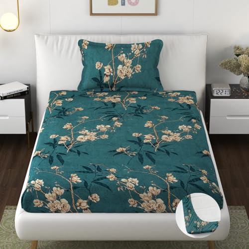 Image of Premium Heavy Cotton Elastic Fitted Bedsheets with 1 King Size Pillow Covers | Single Bed with All Around Elastic 350 TC | 36 x 78 x 6 Inch Single Size Fitted | - Green Flower