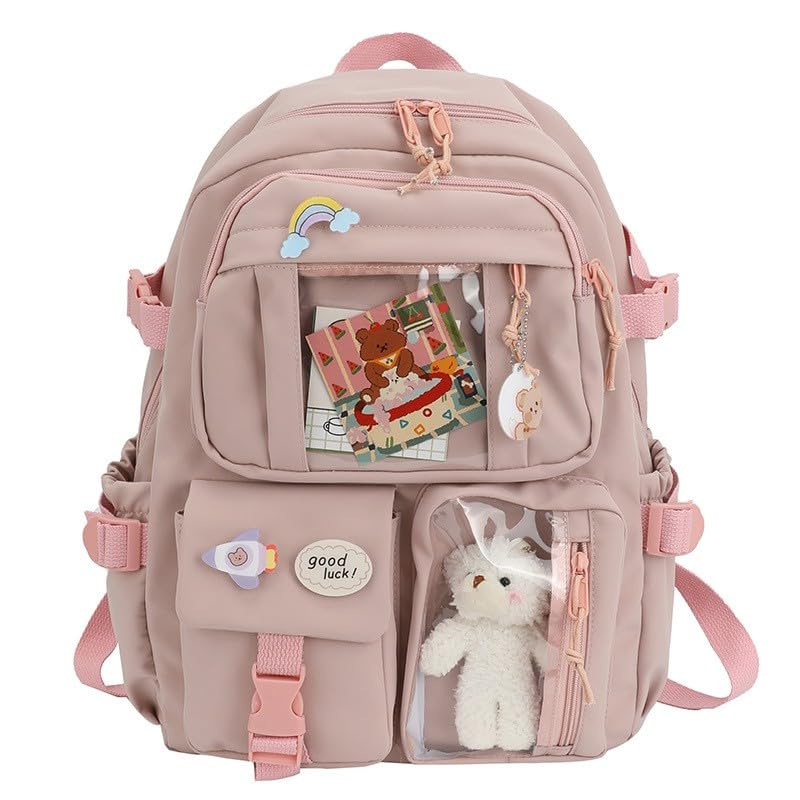 Mochila Escolar feminina de nylon com vários bolsos, bolsa escolar Kawaii, estilo Coreana para viagem, estudante, Casual - Cor Rosa