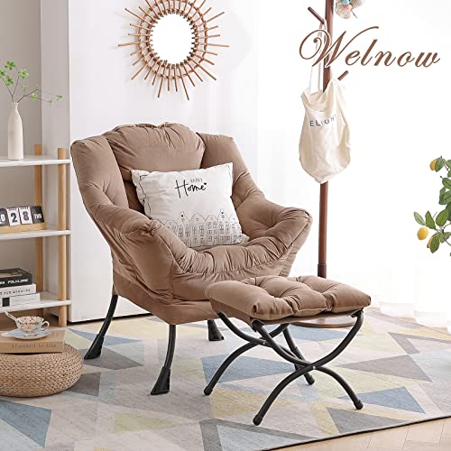 Welnow Lazy Chair With Ottoman, Modern Lounge Accent Chair With Armrests And A Side Pocket, Leisure Upholstered Sofa Chair Set, Reading Chair With Footrest For Small Space, Corner Chair, Dark Brown #TOP1