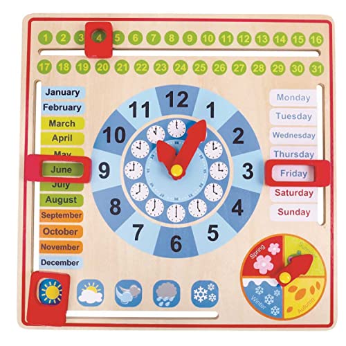 Tooky Toy TK15117 Holz Jahresuhr für Kinder, Lernuhr mit der Ihr Kind spielend leicht die Uhr, Wochentage, Monate, Jahreszeiten und das Wetter erlernen, 30 x 30 x 5 cm Cover