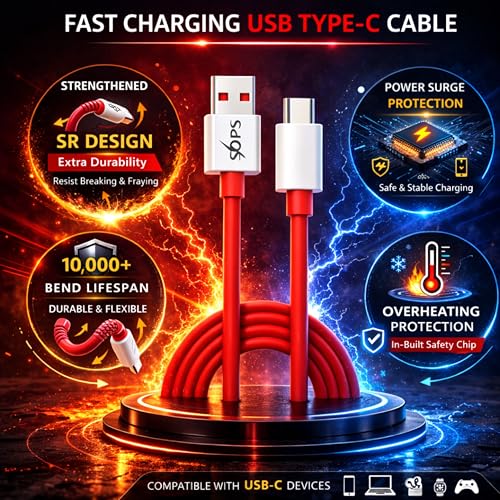 Image of 120W Ultra Fast Charging USB A to Type C Cable, 10A High Speed Charging & Data Sync Cable, Premium TPE USB C Charger Cable, Reinforced Connectors, 1 Meter, Compatible with USB Type-C Smart, Red