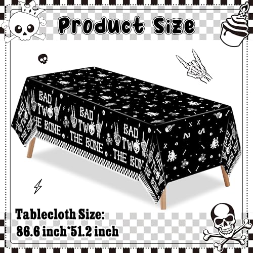Image of K1tpde 3PCS Bad Two The Bone Party Tablecloth for Kids, Music Themed 2nd Black Plastic Tablecloth, Rock and Roll 2nd Disposable Table Covers for Birthday Decoration, Skeleton Party Supplies