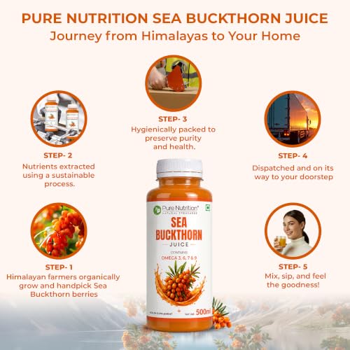 Image of Pure Nutrition Seabuckthorn Juice 500ml | Rich in Omega Fatty Acids (3,6,7 & 9), Vitamins & Antioxidants | Sea buckthorn Supports Immunity, Heart & Digestive Health | Promotes Skin, Cellular Health & Overall Wellness