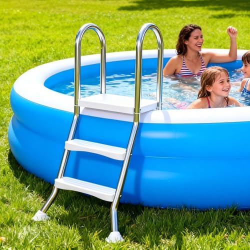 Escalera de piscina resistente de 2 escalones para piscinas sobre el suelo, almohadillas giratorias antideslizantes, se adapta a paredes de 33 pulgadas, entrada fácil y segura, acero inoxidable