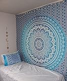THE ART BOX Indie Wandteppich Baumwolle Mandala Wandbehang Deko Teppich Aesthetic Room Decor Dekoration Wohnzimmer Indische Tücher Schlafzimmer Deko, Blau und weiß, 135x210 cm