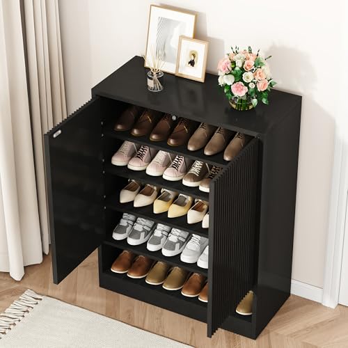 Image of Fluted Shoe Cabinet with Doors, 2 Pieces 41 inch Tall Entryway Shoe Organizer Cabinet with Adjustable Shelves, 5-Tier Modern Wood Free Standing Shoe Rack for Hallway, Living Room, Closet, Black