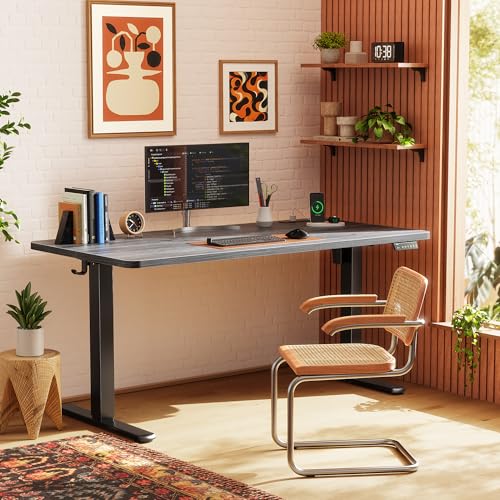 Image of Huuger Electric Standing Desk with Power Outlets and USB-C Port, 55 X 24 Inch Height Adjustable Desk, Sit Stand Desk for Home Office, Computer & Gaming Desk with 4 Presets, Stable Steel Frame, Grey