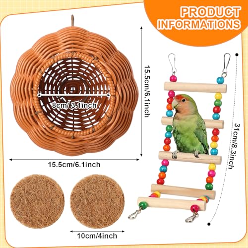Geelin Chewproof Rattan Bird Nest for Cage with Colorful Climbing Ladder, Washable Small Bird Bed Hammock Lay Eggs Parakeet Nest Sleep, Parakeet Warm Bed House Hut for Lovebird, Canary, Budgie, Finch