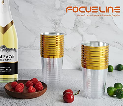 Focusline 100 Pack Gold Rimmed Plastic Cups 10 Oz Clear Plastic Cups Tumblers, Fancy Disposable Hard Plastic Cups With Gold Rim For Wedding Cups Elegant Party Cups #TOP2
