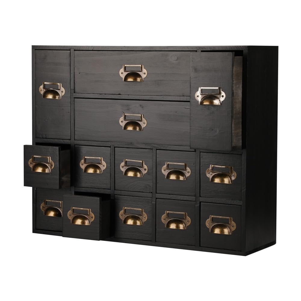 Apothecary Drawers Card Catalog Cabinet with 14 Drawers Wooden Card Catalog Wooden Storage Box for Desktop Organizer (Black)