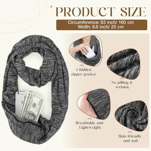 Coume 2 Pcs Infinity Travel Scarf Pocket Scarf with Hidden Zipper Pocket for Women Lightweight Infinity Loop Scarf Neck Wrap for Travel Airplane3