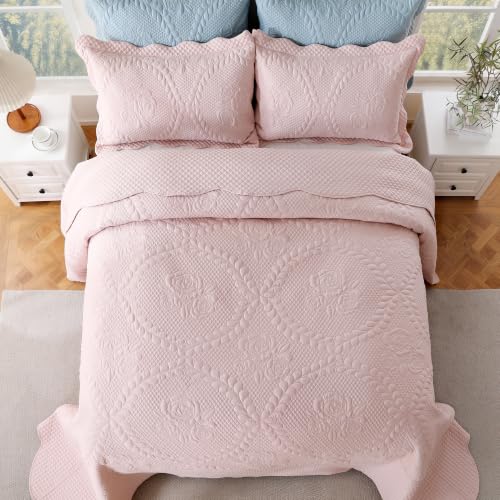 Image of EVENHUG Oversized King Bedspreads California King Quilt Set with Pillow Shams Extra Wide Large King Size Quilts Lightweight Coverlet Bedding Sets Pink 120 inchx120 inch