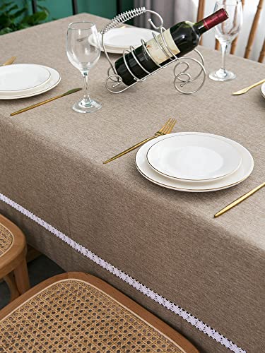 Ehousehome Heavy Duty Fabric Tablecloth With White Lace-Waterproof/Wrinkle Free/Stain Resistant/Oil Proof-For Dining,Indoor&Outdoor,Wedding,Holiday,Flax,Square 70X70Inch #TOP2