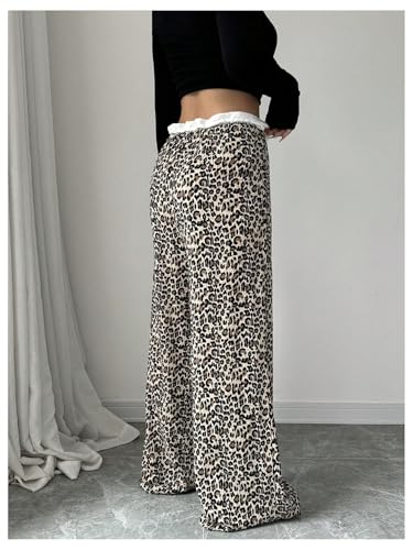 MakeMeChic Women's Leopard Print Pants Lettuce Trim Drawstring Waist Wide Leg Baggy Streetwear Long Trousers2