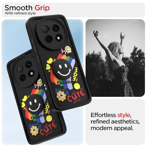 Image of Pikkme Back Cover for Oppo F29 5G | Soft Silicone| Cute Rainbow Smile & 3D Cartoon Flower Design | Shockproof Raised Camera Protection Bumper Case (Black)