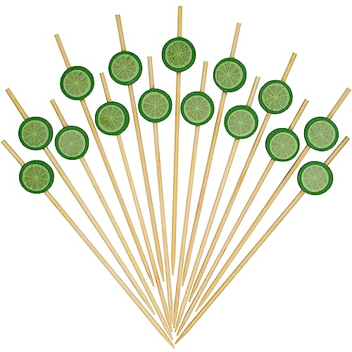Minisland Green Lemon Cocktail Picks, 4.7 Inch Long Bamboo Fancy Toothpicks for Appetizers, Decorative Spring Summer Tropical Party Food Drinks Garnish Fruit Kabob Skewer Sticks 100 Counts - MSL421