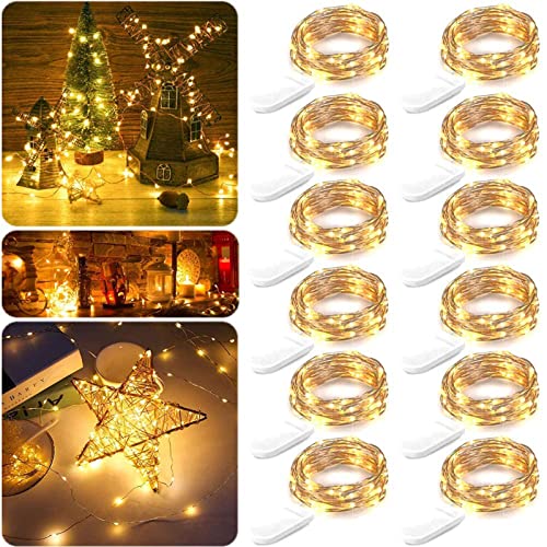 JETENCN 12 Pack 6.9ft 20 LED Fairy Lights Battery Operated, Waterproof Copper Wire Lights, Mini String Lights Firefly Starry Lights for Christmas Wedding Party Mason Jar Decoration (Warm White)