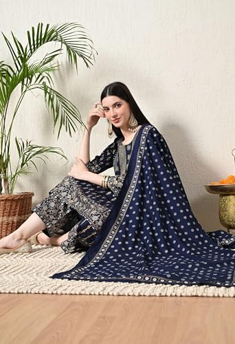 Image of Amazon Brand - Tavasya Women Rayon Straight Kurta Pant Dupatta Set | Embroidered Ethnic Suit Set | Regular Fit Kurta with Pant & Dupatta