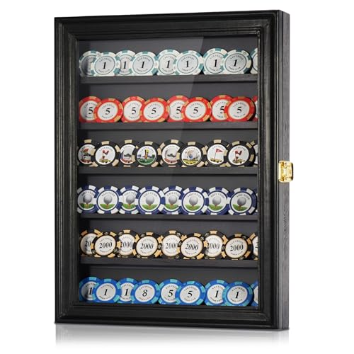 swakuszy Poker Chip Display Case - Black Wooden Casino Chip Display Rack with 5 Dual-Groove Tiers. 16x12 Wall Holder for Standard & Golf Poker Chips