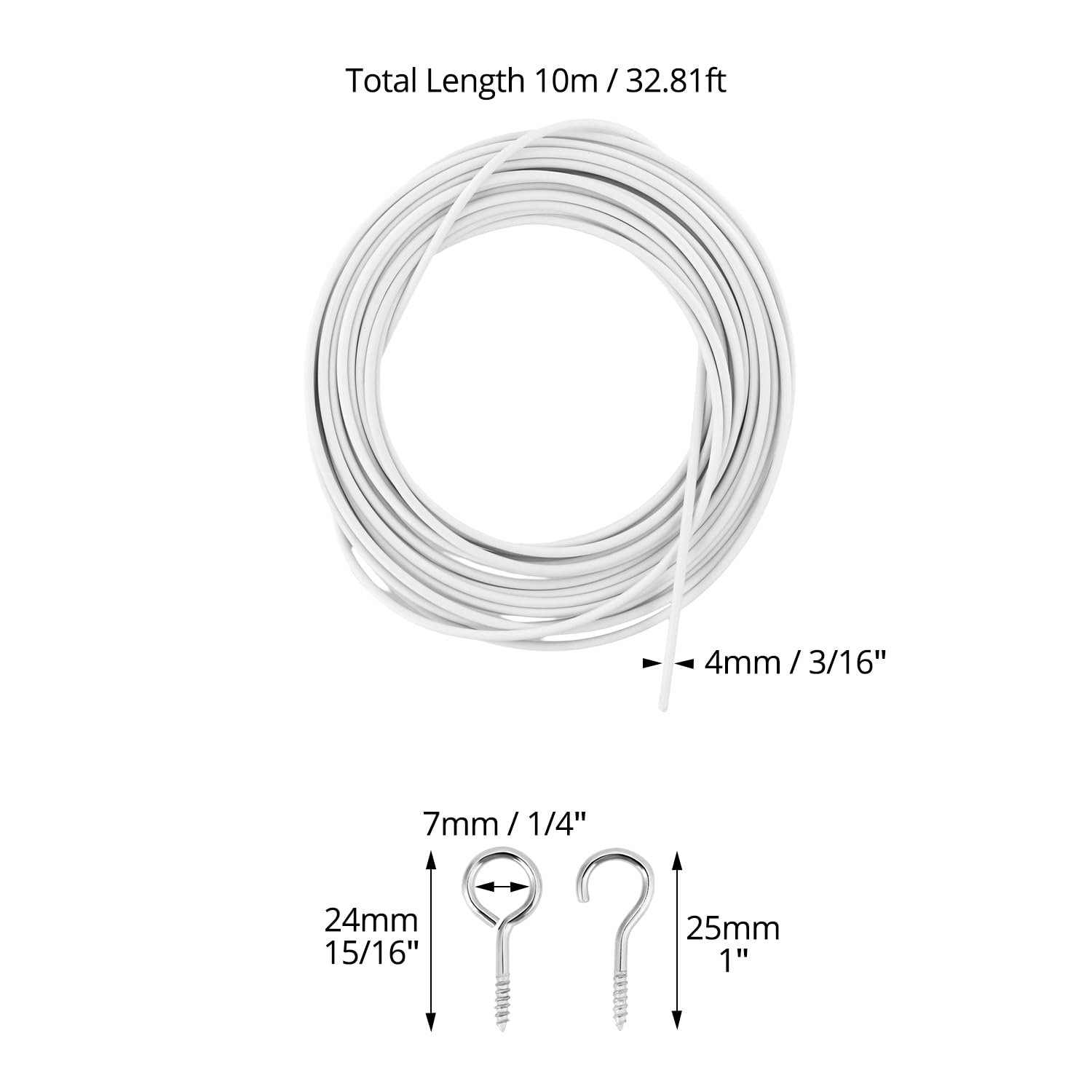 QWORK® 10m Cable pour Rideaux, Blanc Fil De Rideau, Corde À Rideau Plastifiée, avec 20 Pièces Oeillets À Vis Et 20 Pièces De Crochets