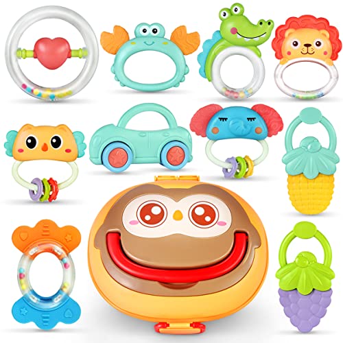 Image of 10pcs Baby Rattle Teething Toys, Infant Sensory Teether Shaker Grab and Spin Rattles Toy Set, Newborn Infant Teething Toys for Babies 0-6-12 Months Gift for Baby Boys Girls Early Educational Toy Set