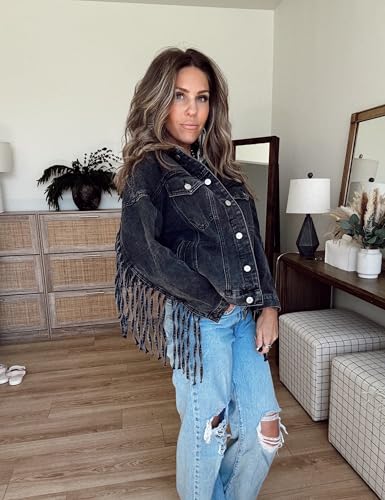 Omoone Women's Oversized Denim Fringed Jacket Tassel Jean Jackets Fall Outfits 2025 with Pockets4