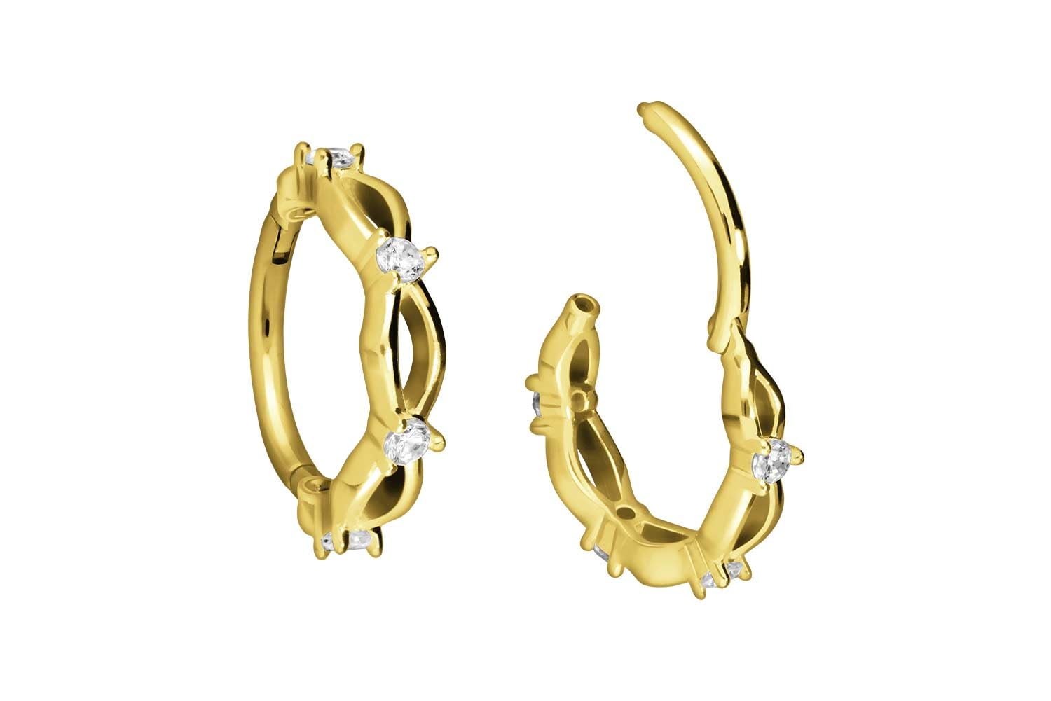 PIERCINGLINE 18 Karat Gold Piercing für Nase, Septum, Ohr, Helix oder Tragus Segmentring Clicker DOPPELT GEDREHT + Kristalle