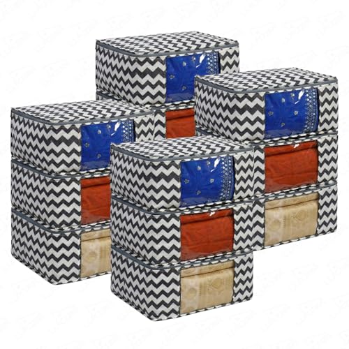 Image of Lukzer Non-Woven Zigzag Printed Saree Covers for Storage with Transparent Window & Zip - Large Set of 12 | Cloth Storage /Wardrobe Organizer for Woman Clothes /Lehengas /Dresses 45x33x20CM - (LSC-02-12)