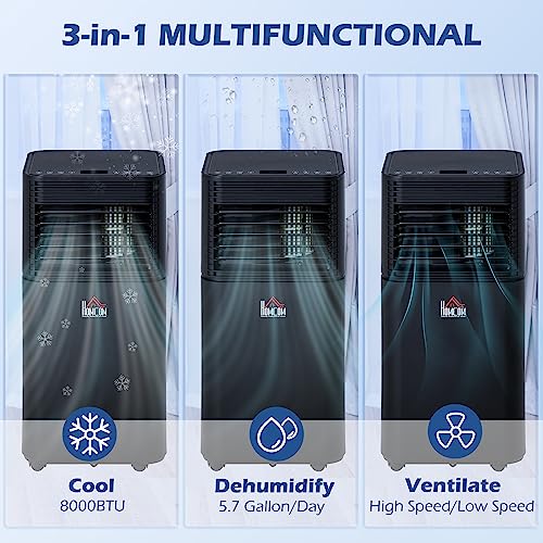 Homcom 8000 Btu Mobile Portable Air Conditioner For Home Office Cooling, Dehumidifier, Ventilating, Portable Ac Unit With Remote, Led Display, 24H Timer, Auto Shut-Down, Black #TOP3