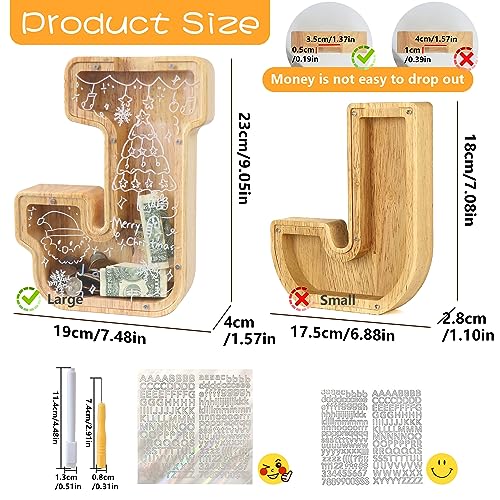 Mikytoper Letter Money Box for Kids Large Wooden Personalized A-Z Piggy Bank Clear Alphabet Money Bank Coin Bank for Gift Decoration Baptism (J) - Image 2